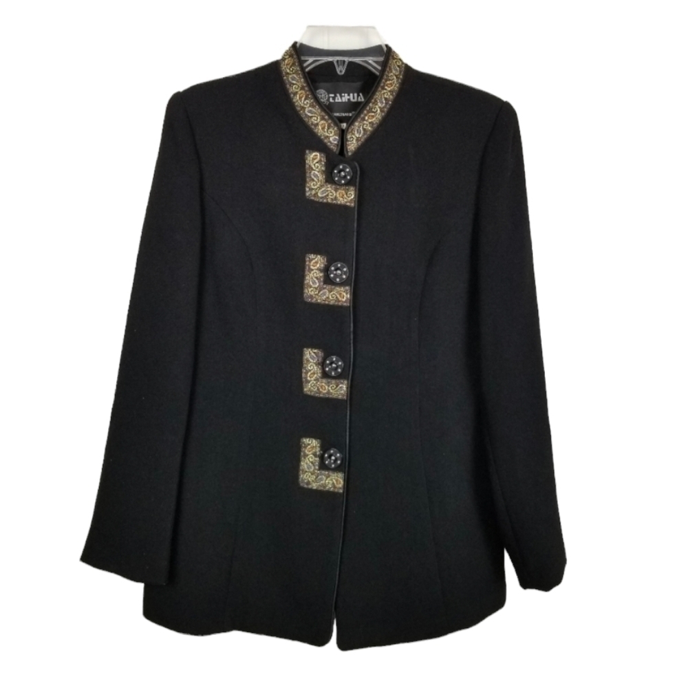 Blazer Linen Wool Cashmere Black Paisley Button Lined Military Jacket Mobwife - Picture 2 of 10